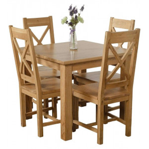 Rustic Oak : Bàn Ăn 90cm + 4 Ghế ( Lưng X - Mặt Gỗ )